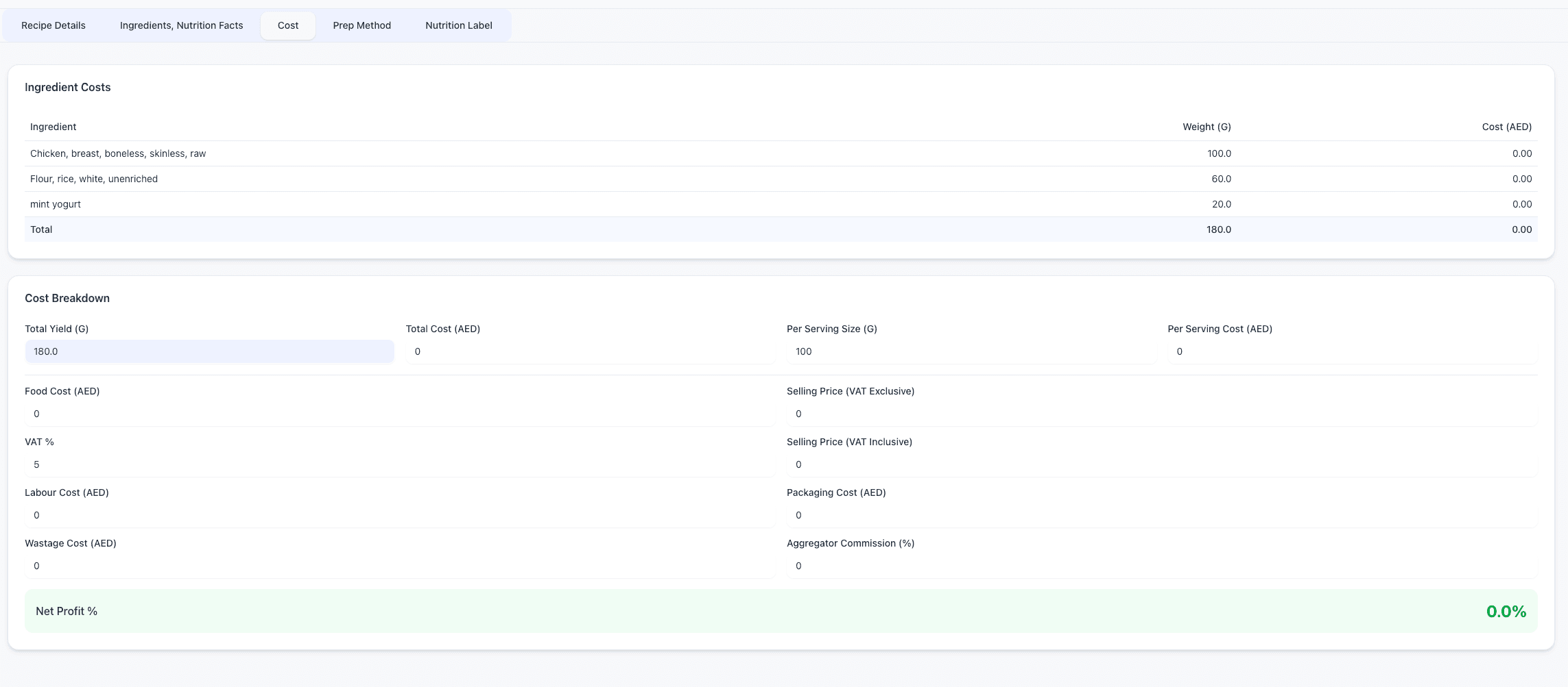 RecipeBuilder cost tracking dashboard showing ingredient costs, total yield, per-serving cost, VAT, and net profit margin in AED