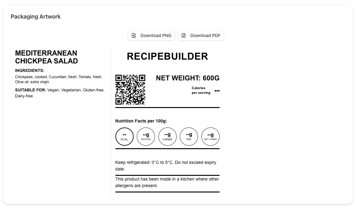 RecipeBuilder auto-generated bilingual food label showing English and Arabic ingredient lists, nutrition facts panel, barcode, and QR code