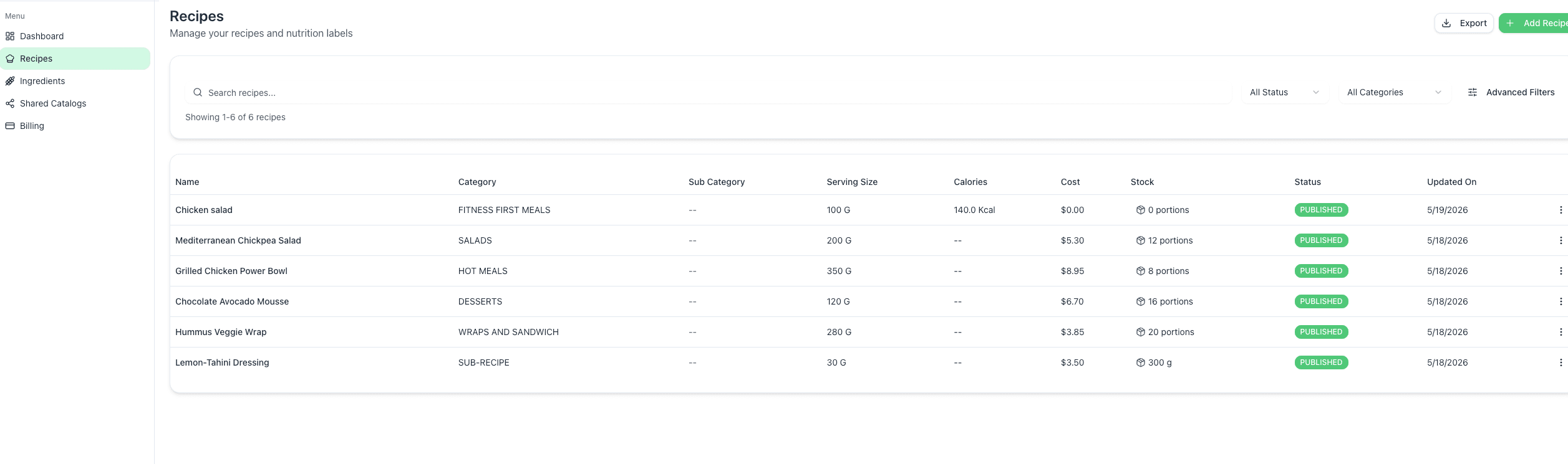 RecipeBuilder recipe creation form showing ingredient management, nutrition breakdown, and recipe details